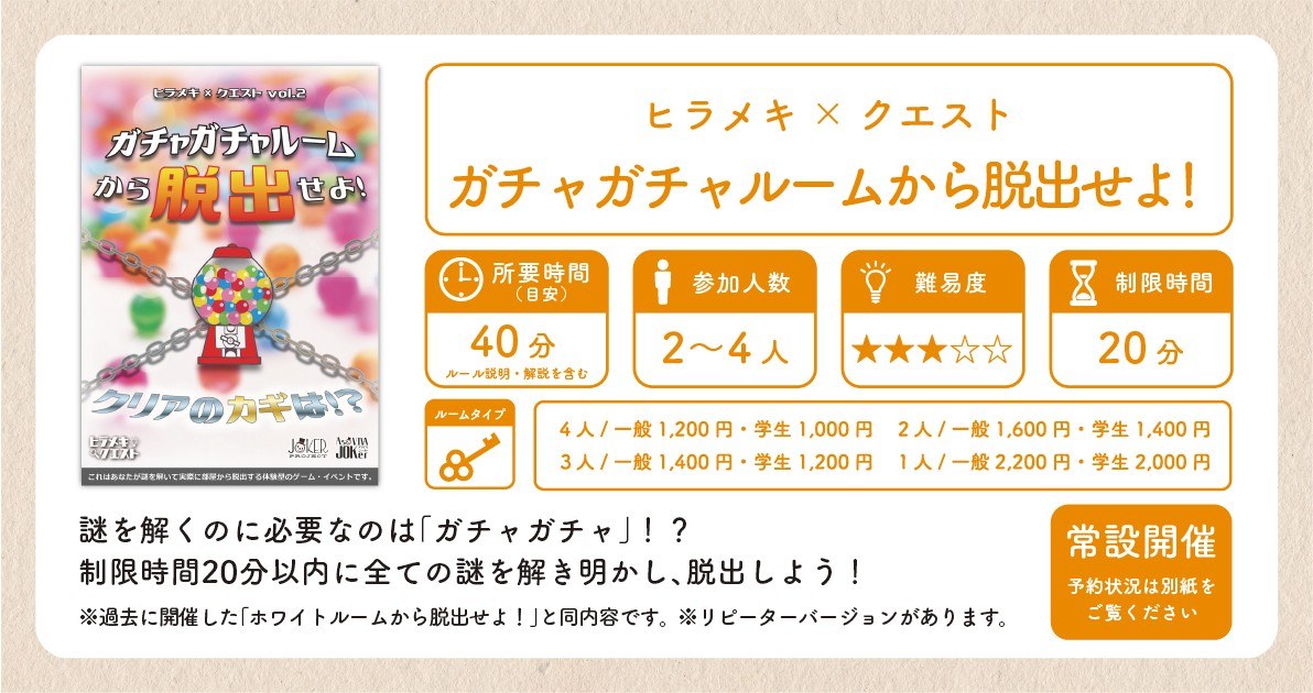 ヒラメキクエストVOL２リメイク ガチャガチャルームから脱出せよ！