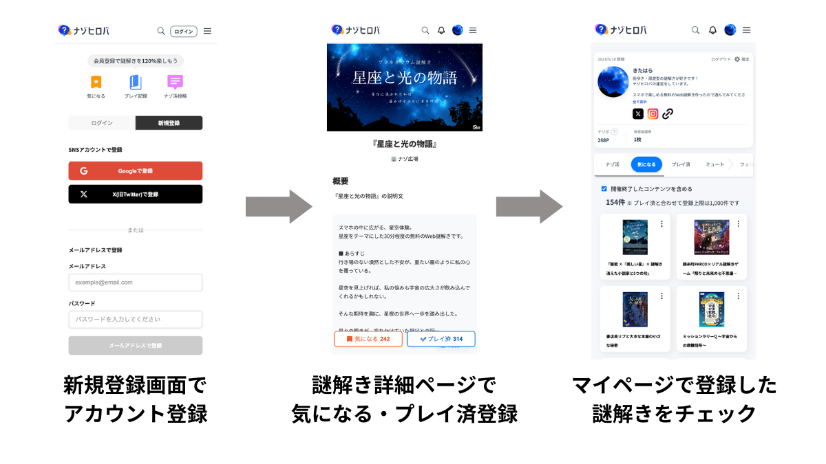 ナゾヒロバに登録すると何ができる？ 気になる・プレイ済などのプレイ記録の管理